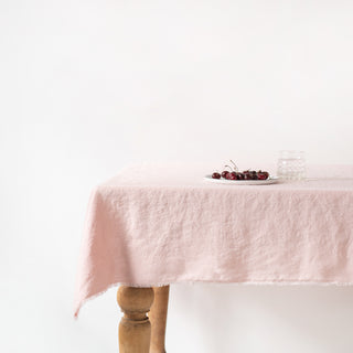 Misty Rose Washed Linen Tablecloth with Fringes 