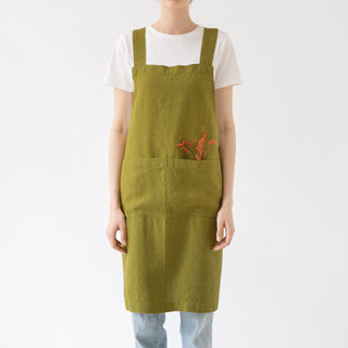 Moss Green Washed Linen Crossback Apron 1