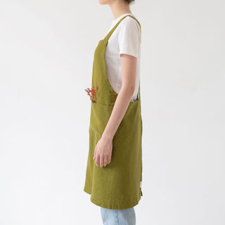 Moss Green Washed Linen Crossback Apron 3
