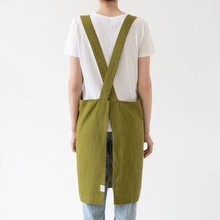 Moss Green Washed Linen Crossback Apron 2