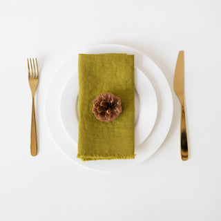 Set of 2 Moss Green Washed Linen Napkins With Fringes 