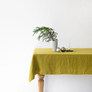 Moss Green Washed Linen Tablecloth with Fringes 