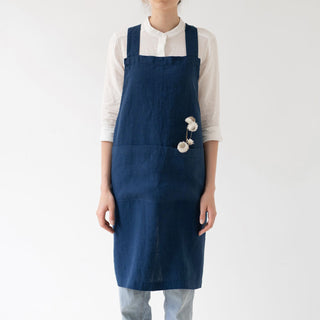 Navy Washed Linen Crossback Apron 