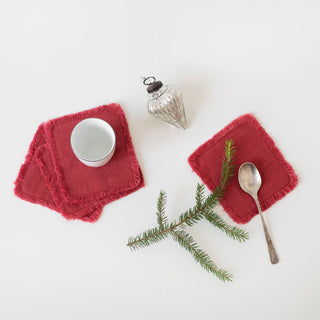 Set of 4 Red Pear Washed Linen Coasters with Fringes Alternative View 2