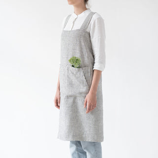 Comfortable Black Stripes Colors Washed Linen Pinafore Apron For Kitchen Side View 
