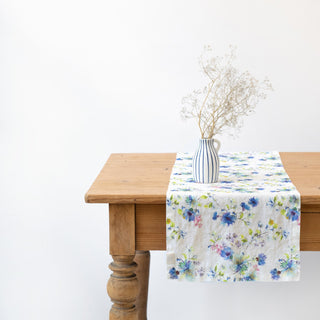 White Flowers Linen Table Runner 