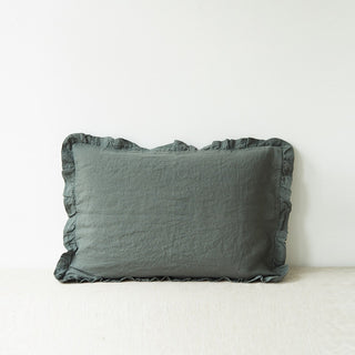 Forest Green Frilled Washed Linen Pillow Case 